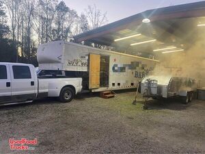 Turnkey Business Wells Cargo BBQ Catering Concession Trailer w/ 2 Ford Trucks.