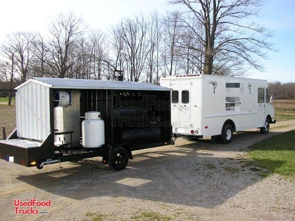 Turnkey 18' GMC 6500 Barbecue Food Truck with Custom-Built BBQ Pit Trailer.