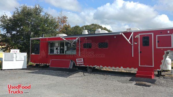2014 - 8.6' x 46' Worldwide Barbeque Concession Trailer with Restroom and Porch.